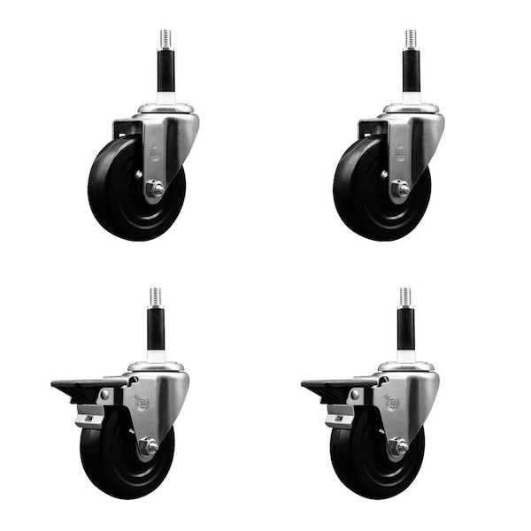 4'' Hard Rubber Wheel Swivel 7/8'' Expand Stem Caster Set 2 Brakes, 4PK